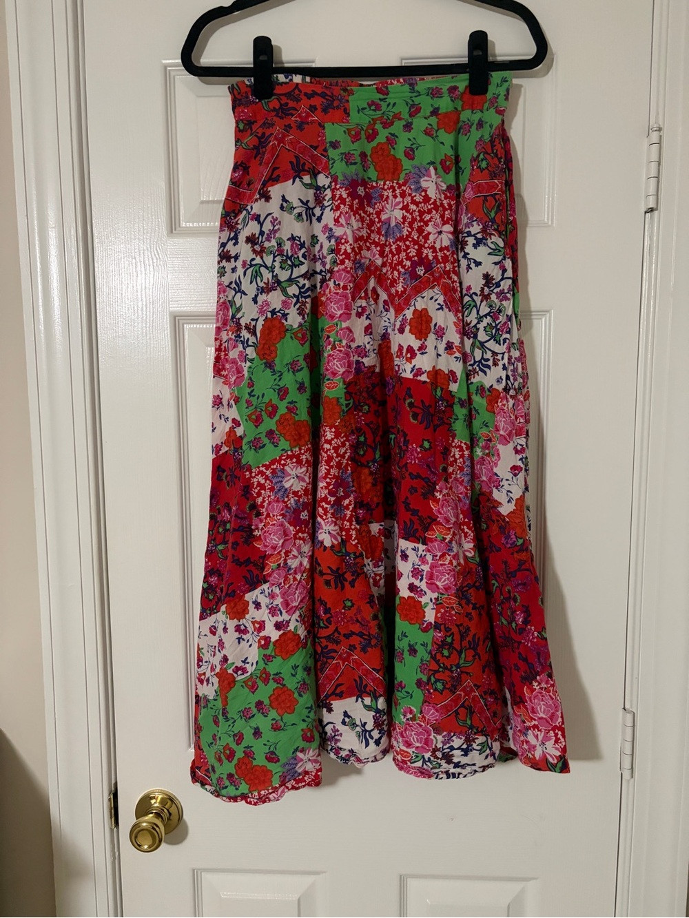 Kaktus Floral Patchwork Midi Skirt in Red, Green & Pink